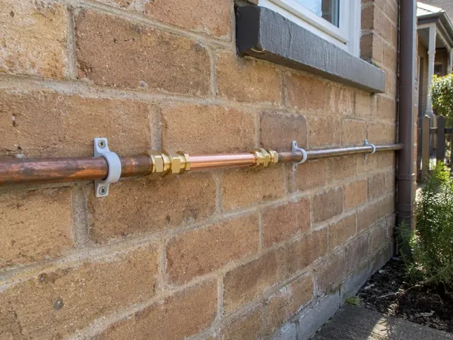 Exterior brick wall with a repaired copper water pipe run below a window in Lilyfield