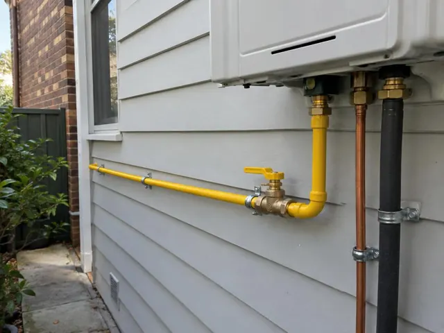 Yellow gas pipe and shutoff valve on exterior weatherboard wall beside a window in Balmain