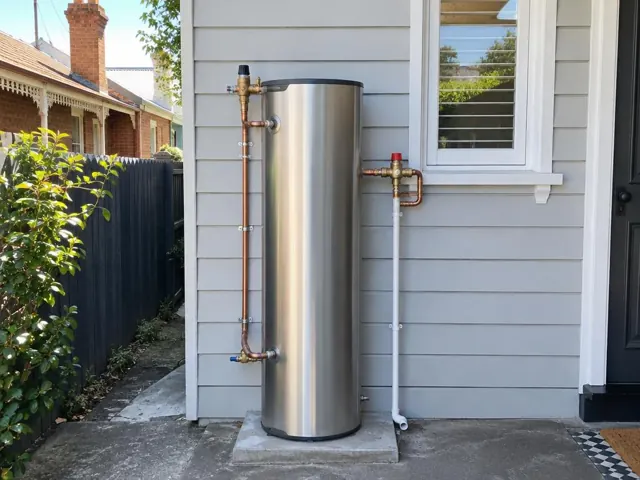 Stainless steel hot water cylinder beside a grey weatherboard wall and window in Leichhardt